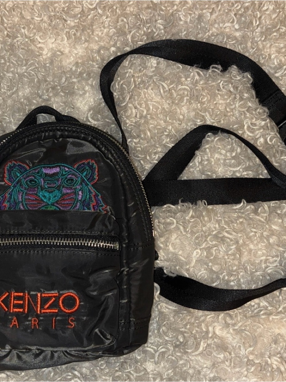 Kenzo Black Mini Backpack with Multicolor Embroidered Tiger. Nice small mini bag
